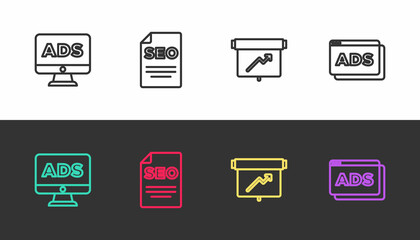 Set line Advertising, SEO optimization, Board with graph chart and on black and white. Vector