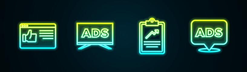 Set line Browser window, Advertising, Clipboard with graph chart and . Glowing neon icon. Vector