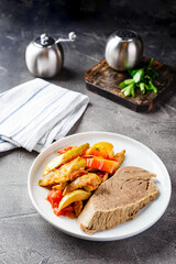 Dinner table with different dishes, set menu for nutritious healthy lunch in restaurant, business lunch