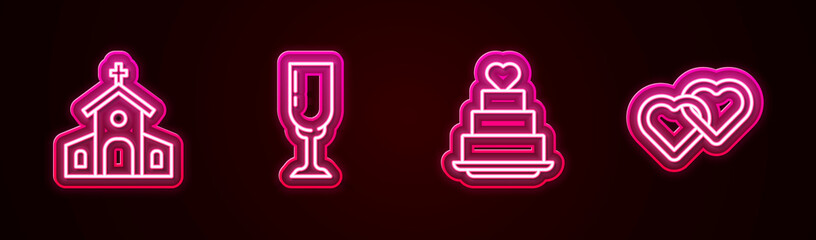 Set line Church building, Glass of champagne, Wedding cake with heart and Two Linked Hearts. Glowing neon icon. Vector