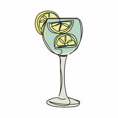 Continuous one simple single abstract line drawing of glasses of fresh citrus cocktail icon in silhouette on a white background. Linear stylized.