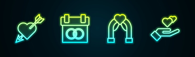 Set line Amour with heart and arrow, Calendar, Wedding arch and Heart hand. Glowing neon icon. Vector