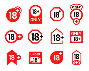 Eighteen plus different shape red sign collection vector illustration. Age limitation warning alert