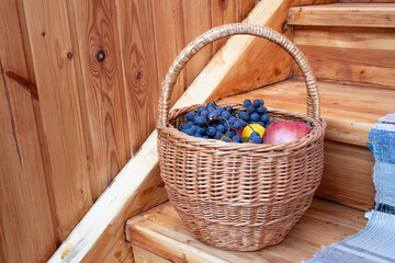 harvest of grapes, apples and quince in wicker basket