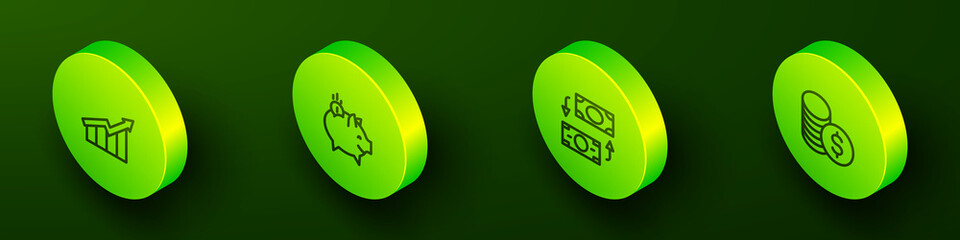 Set Isometric line Financial growth increase, Piggy bank with coin, Money exchange and Coin money dollar icon. Vector