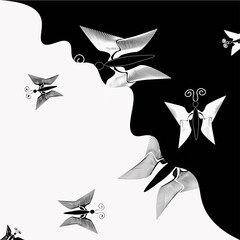 Black and white butterflies on a white and black background