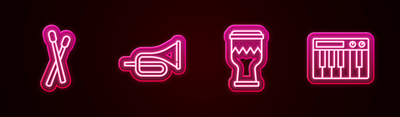 Set line Drum sticks, Trumpet, and Music synthesizer. Glowing neon icon. Vector