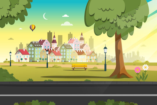 Empty morning city park with trees, street on foreground and houses on background - vector