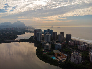 Aerial view of Marapendi Lagoon. In the background, Barra da Tijuca beach and hills like Pedra da...