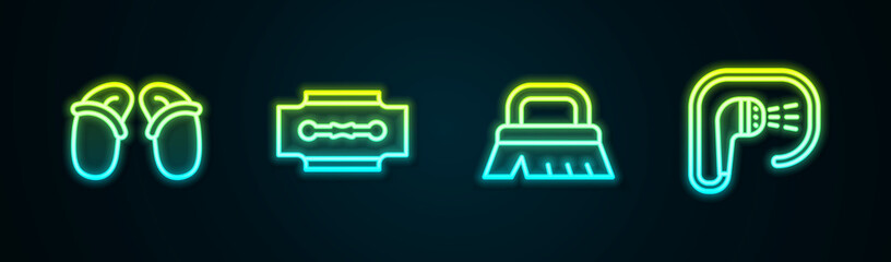 Set line Flip flops, Blade razor, Brush for cleaning and Shower. Glowing neon icon. Vector