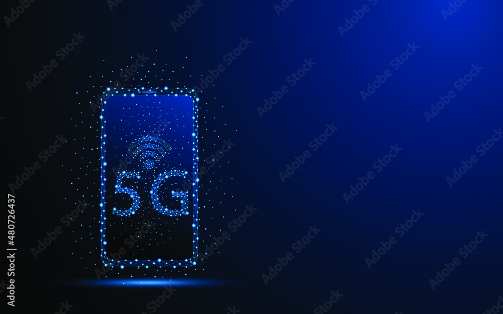 Aufkleber Abstract mobile phone with 5g symbol on screen. Concept of wireless internet network connection. Digital low poly wireframe style design with connection points. vector illustration
