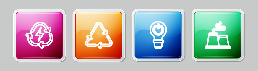 Set line Battery with recycle, Recycle symbol, Light bulb lightning and Factory. Colorful square button. Vector