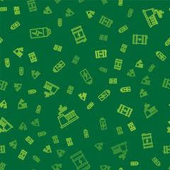Set line Battery, Factory and Bio fuel barrel on seamless pattern. Vector