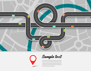 City map - top view with cars, streets, pin and sample text - vector