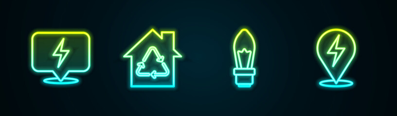 Set line Lightning bolt, Eco House with recycling, bulb and . Glowing neon icon. Vector