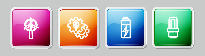 Set line Wind turbine, Leaf plant gear machine, Battery and LED light bulb. Colorful square button. Vector