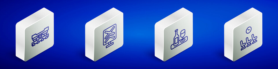 Set Isometric line Cargo train wagon, Railroad crossing, Wine bottle with glass and Waiting room icon. Vector