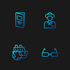 Set line Glasses, Cruise ship, Brochure and Tourist. Gradient color icons. Vector