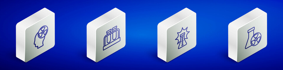 Set Isometric line Head and radiation symbol, Test tube flask, Chemical explosion and icon. Vector