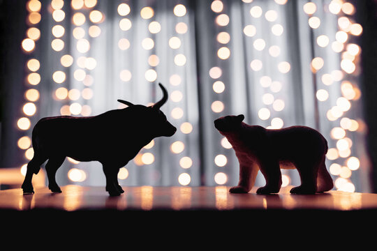 Silhouette of bull vs bear, stock market concept photo