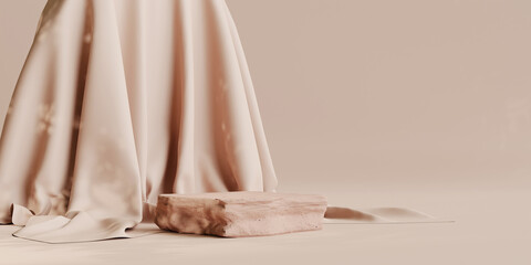 Rock podium with fabric on earth tone colour background for product presentation. Natural beauty pedestal, relaxation and health, 3d illustration