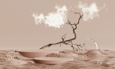 Podium with  branch on sand background for product presentation. Natural beauty pedestal, relaxation and health, 3d illustration.