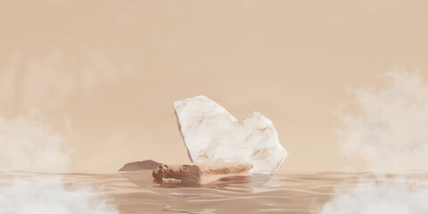 Stone Podium with marble podium on the water for product presentation. Natural beauty pedestal, relaxation and health, 3d illustration