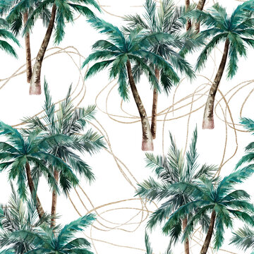 Watercolor seamless pattern. Summer tropical palm trees background. Abstract Jungle print