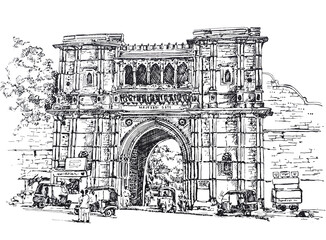 Hand drawn of Majevadi Gate, Oldest gate in the Junagadh, india.