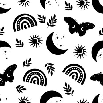 Pattern with magical crescent moon, boho butterfly and leaves. Black and white mystical vector illustration. Witch art with esoteric elements. Use for card, t-shirt print, astrology, tarot poster.