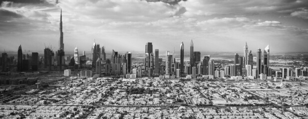 Naklejka premium Downtown Dubai aerial panoramic view from helicopter, UAE.