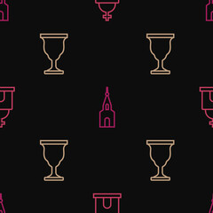 Set line Old crypt, Christian chalice and Church building on seamless pattern. Vector