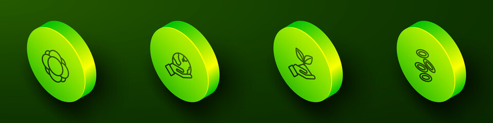 Set Isometric line Molecule, Hand holding Earth globe, Plant hand and Hemoglobin icon. Vector