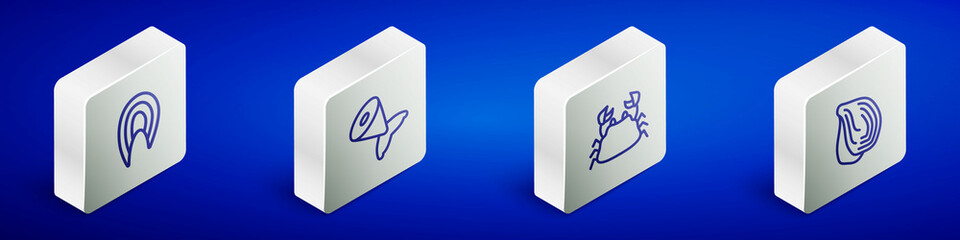 Set Isometric line Fish steak, tail, Crab and Mussel icon. Vector