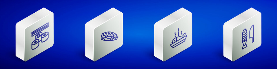 Set Isometric line Sushi, Fish steak, Served fish on plate and with sliced pieces icon. Vector