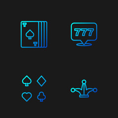 Set line Joker playing card, Deck of cards, and Slot machine with jackpot. Gradient color icons. Vector