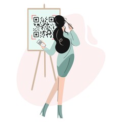 Girl artist draws a QR code on an easel. A young woman is holding a mobile phone with a qr code on the screen. Irony. Back view. The concept of the fight against covid. Vector flat isolated design.