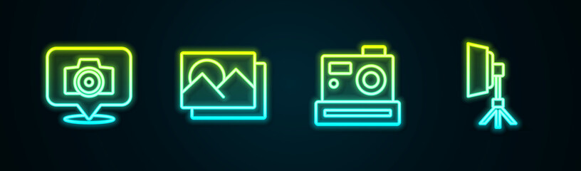 Set line Photo camera, frame, and Softbox light. Glowing neon icon. Vector