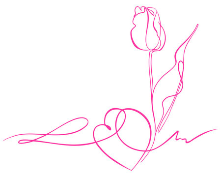Valentines day illustration with hearts and tulip one line. Perfect for wedding design. Love and flower. Simple design for greetings cards, invitations, posters, prints. EPS 8