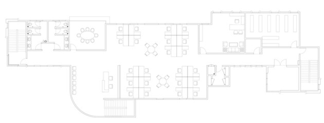 An office layout drawing complete with the office furniture in 2D CAD drawing. Drawing in black in white. The office has large meeting room. 