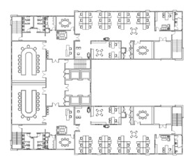 An office layout drawing complete with the office furniture in 2D CAD drawing. Drawing in black in white. The office has large meeting room.  - obrazy, fototapety, plakaty