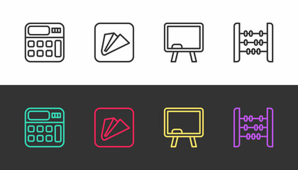 Set line Calculator, Paper airplane, Chalkboard and Abacus on black and white. Vector