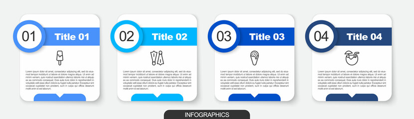Set line Ice cream, Rubber flippers for swimming, waffle cone and Coconut cocktail. Business infographic template. Vector