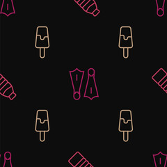 Set line Bottle of water, Ice cream and Rubber flippers for swimming on seamless pattern. Vector