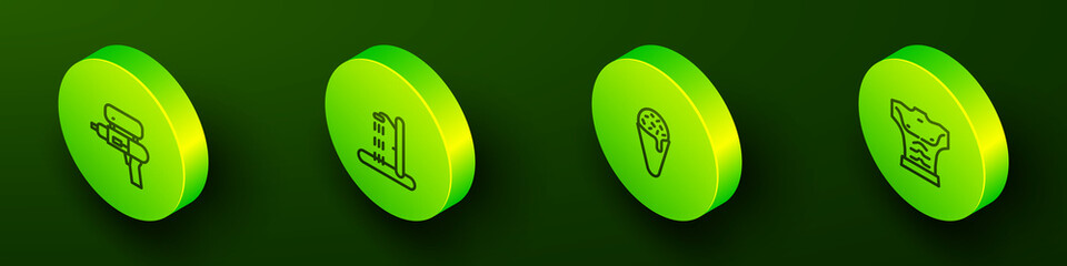 Set Isometric line Water gun, Beach shower, Ice cream in waffle cone and Bodybuilder muscle icon. Vector