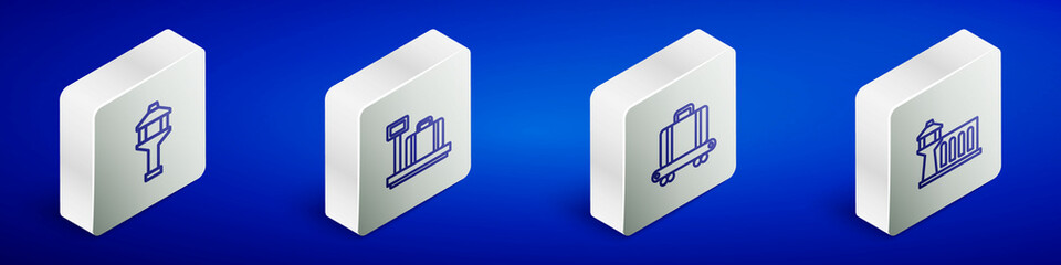 Set Isometric line Airport control tower, Scale with suitcase, Conveyor belt and icon. Vector