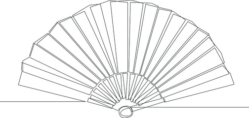 Continuous line drawing of Chinese new year attribute, Chinese new year fan in black and white background. Vector illustration. 