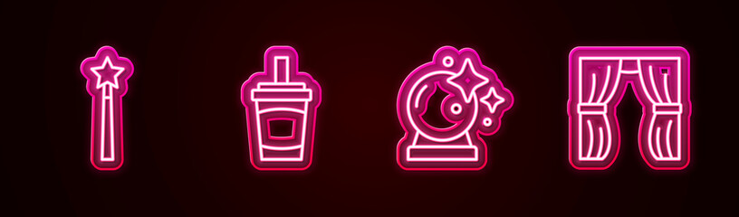 Set line Magic wand, Paper glass with water, ball and Circus curtain raises. Glowing neon icon. Vector