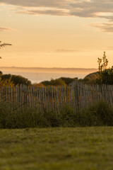 Obraz premium Green garden with wooden fence and sea views. Sunset