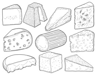 Cheese Types Collection Black and White Hand Drawn Illustration Set